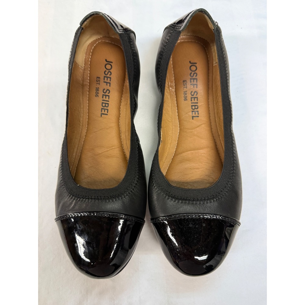Josef Seibel Womens Black Leather Patent Cap Toe Ballet Flats 37 EU Quiet Lux